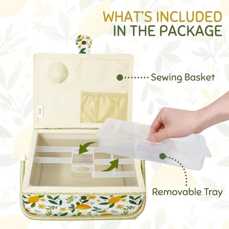 COMFECTO Large Empty Sewing Basket No Kit with Removable Tray, Wooden Organizer for Sewing Supplies Storage, Crafting Mending, Lemonade - Image 3
